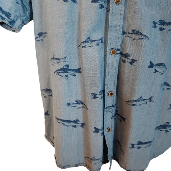 Chevignon Shirt Short Sleeve Mens Large Slim Fit Blue Fish Print Buttonup - Picture 5 of 9